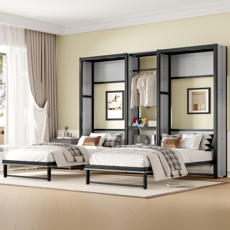  Lit escamotable simple et simple en métal pliable avec garde-robe, tablettes et prises de courant, conception 2 en 1 peu encombrante, gris