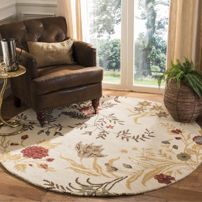 Emrick Hand Hooked Wool/Cotton/Latex Floral Rug in Beige