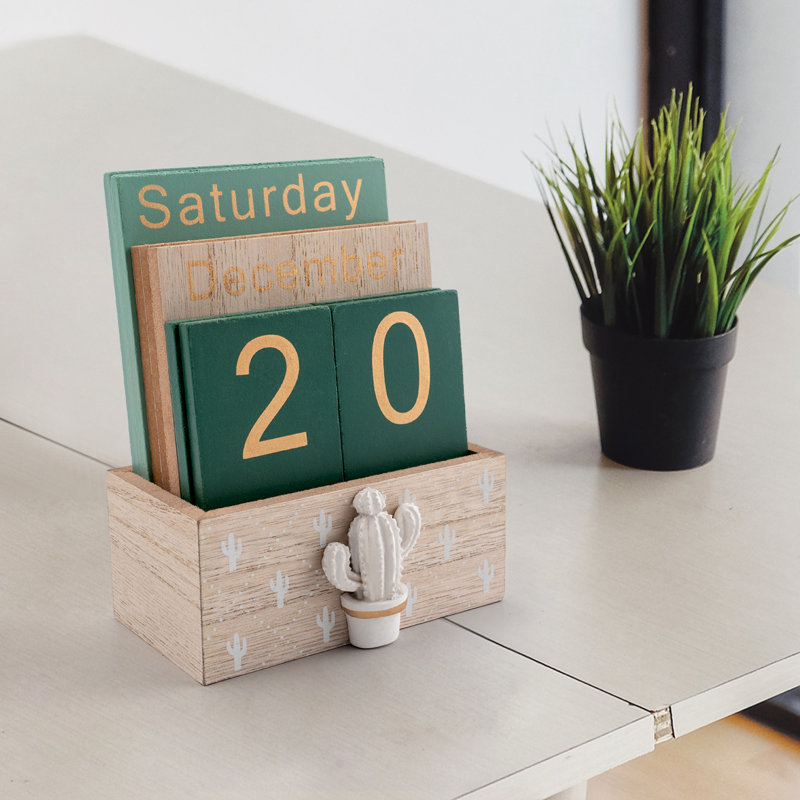 Calendrier perpétuel, calendrier en bois pour accessoires de bureau à domicile, calendrier en bloc de bois rétro (vert)