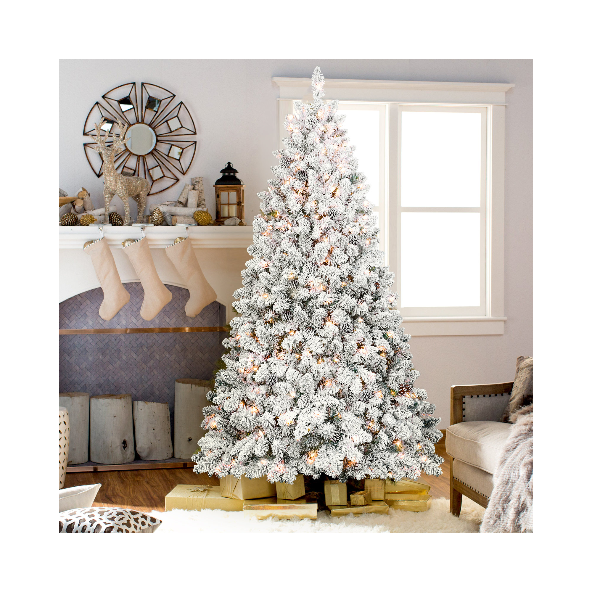 Pre-Lit Snow Flocked Christmas Tree with Pinecone, 7'