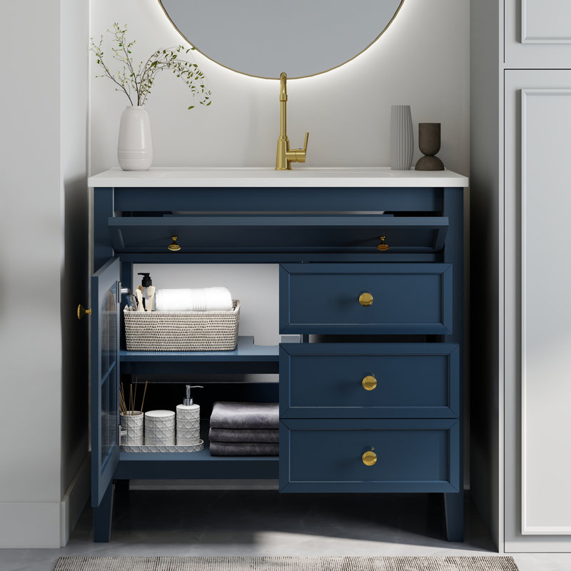 36" Bathroom Vanity With Ceramic Sink & Motion-Sensor Light, Blue