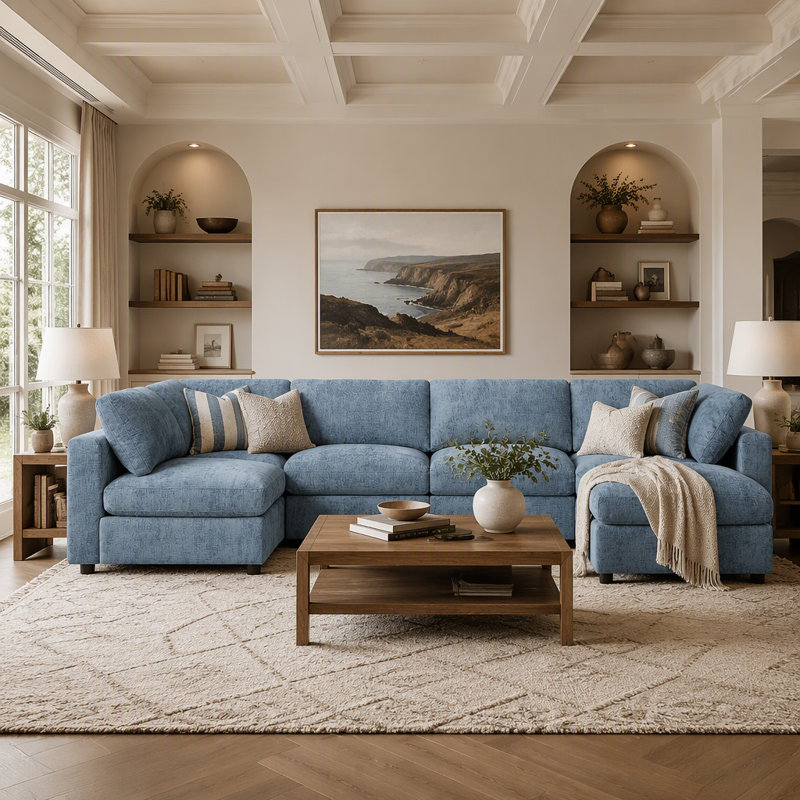 129" Modular Sectional Sofa, 6 Seat Cloud Sofa Bed with High Density Foam, U-Shaped Chenille Couch Set with Ottoman, Free Combination, Convertible Sleeper Sofa 