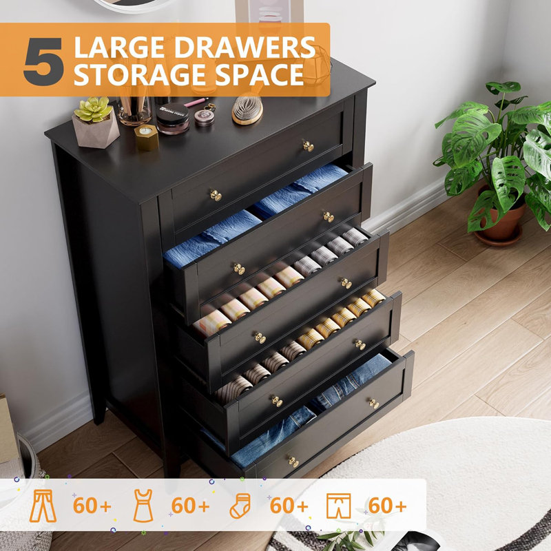 Commode haute 5 tiroirs 2 pièces, commode en bois avec poignées dorées, noir
