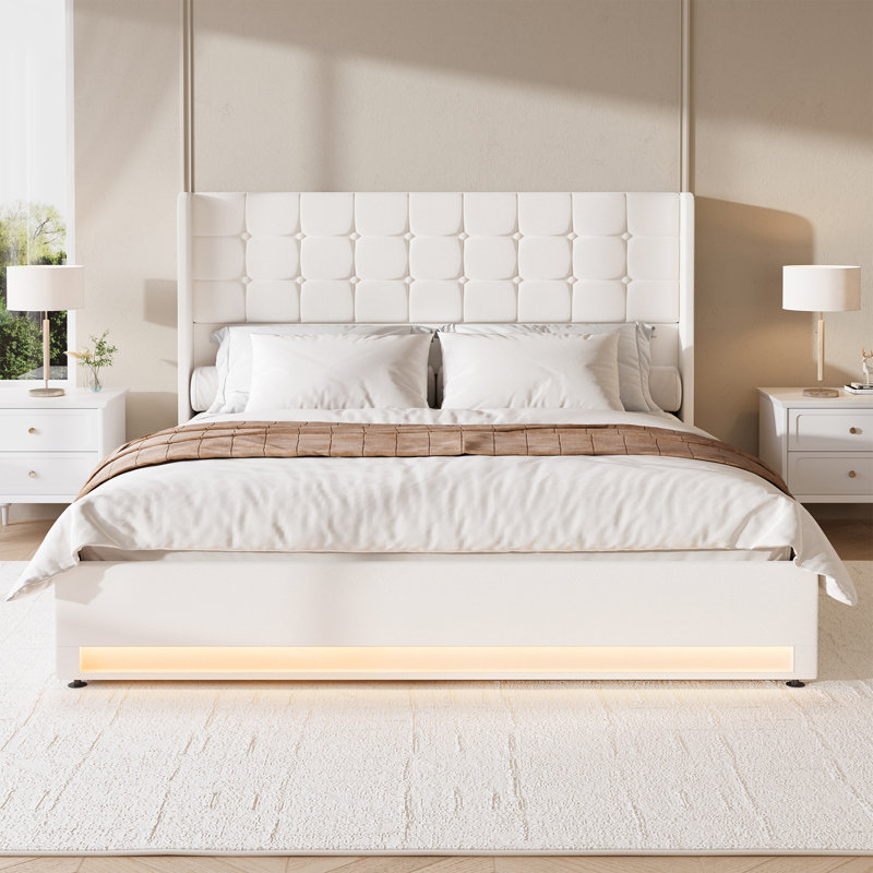Velvet Led Upholstered Headboard Bed Frame With 4 Storage Drawers, White, King