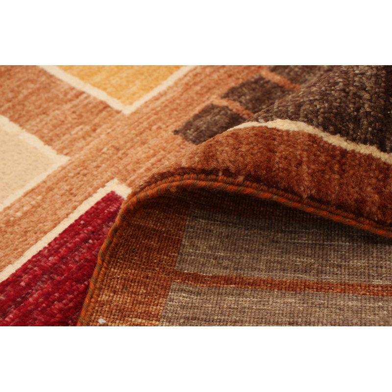 Tapis décoratif en laine noué à la main de conception unique 6 pi 7 po x 9 pi 6 po Deshia en brun, rouge