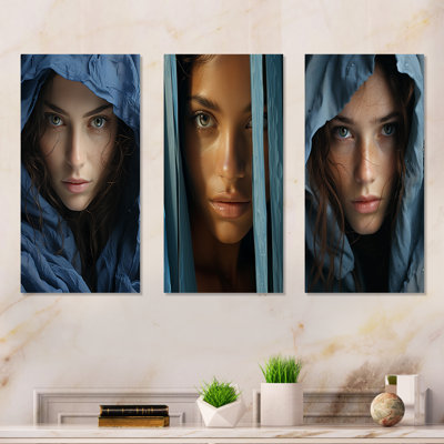 Cerulean Codex Woman Portrait - Art mural en métal pour salon, ensemble de 3