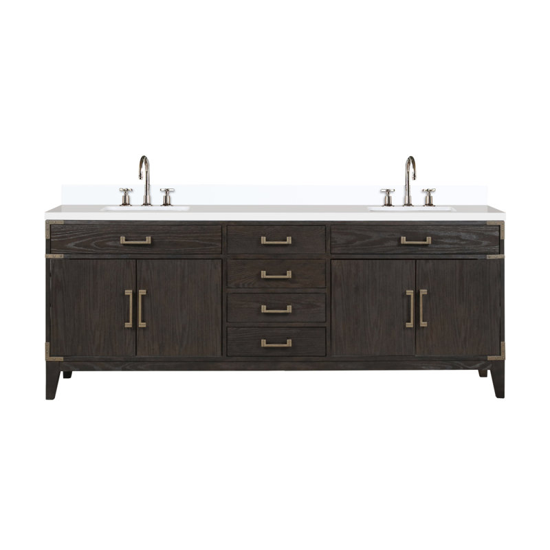 Meuble-lavabo double en chêne brun 84 po X P 22 po D, dessus en quartz blanc et ensemble de robinet, Chêne brun