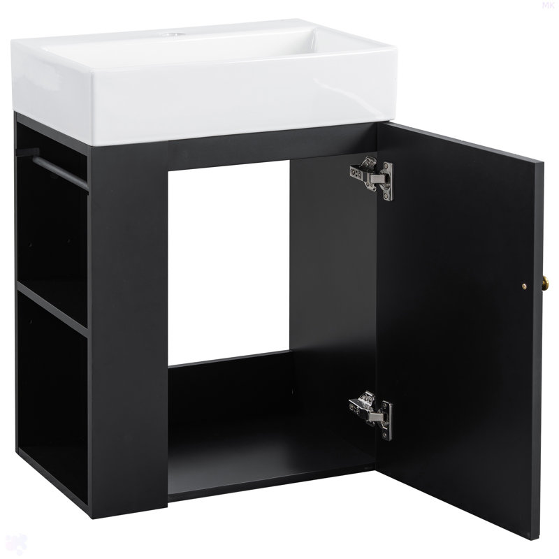 Meuble-lavabo de 20 po avec lavabo en céramique, porte à motif de losanges, poignées dorées et tablettes de rangement latérales - petit cabinet moderne avec barre à serviettes, fabrication en panneau de fibres à densité moyenne, assemblage requis