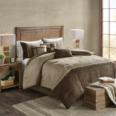 Couette marron pour lit king size - 7 pièces en imitation suède, lavable à la machine