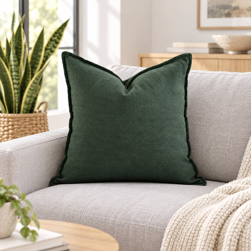 Dark Green 100% Linen Pillow Cover with 3-Button Back Closure, 20"H x 20"W