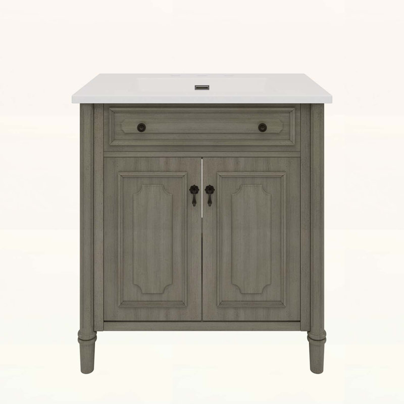 Meuble-lavabo rustique avec lavabo, portes à fermeture douce, tablette ajustable, conception courbée, Gris antique