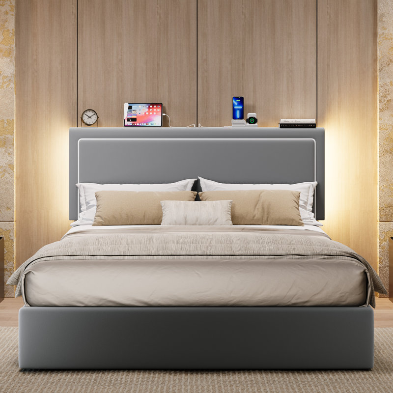 Lit plateforme tapissier moderne en velours avec tête de lit à DEL, station de charge intégrée et rangement sous le lit, Gris