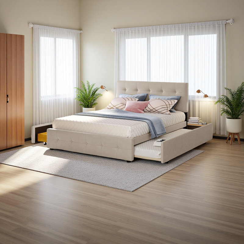 Lit plateforme tapissier avec 2 tiroirs et 1 lit gigogne simple TG, tissu de lin, grand, Beige foncé