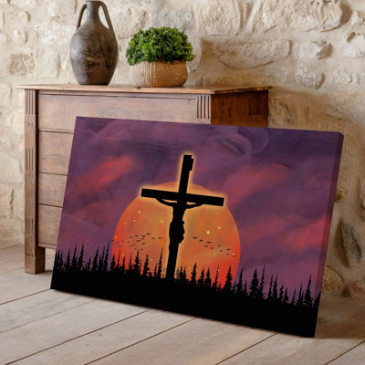 Reproduction d'art sur toile, "Crucifixion" contre un grand coucher de soleil vibrant sur toile