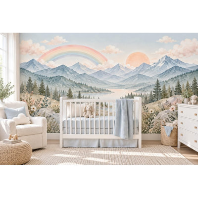 Alpine Lake Rainbow Wallpaper Mural, Peel and Stick Kids Room Wall Mural, Watercolor Mountain Rainbow Nursery Wallpaper
