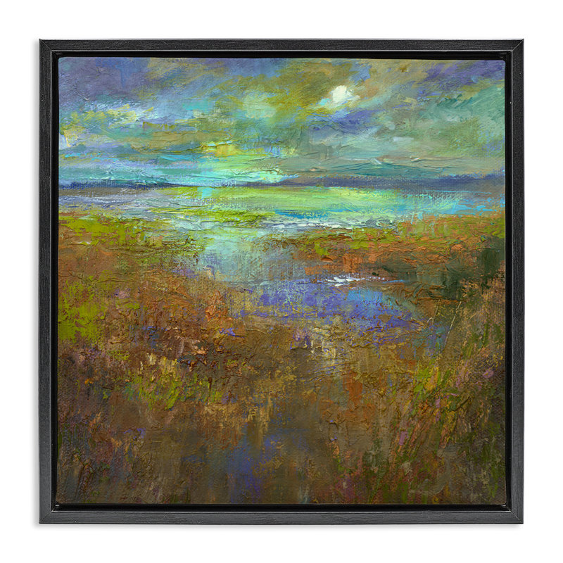 "Abstract Stream View", art mural encadré par Sheila Finch, Cadre flottant noir de jais, H 18 po x l 18 po