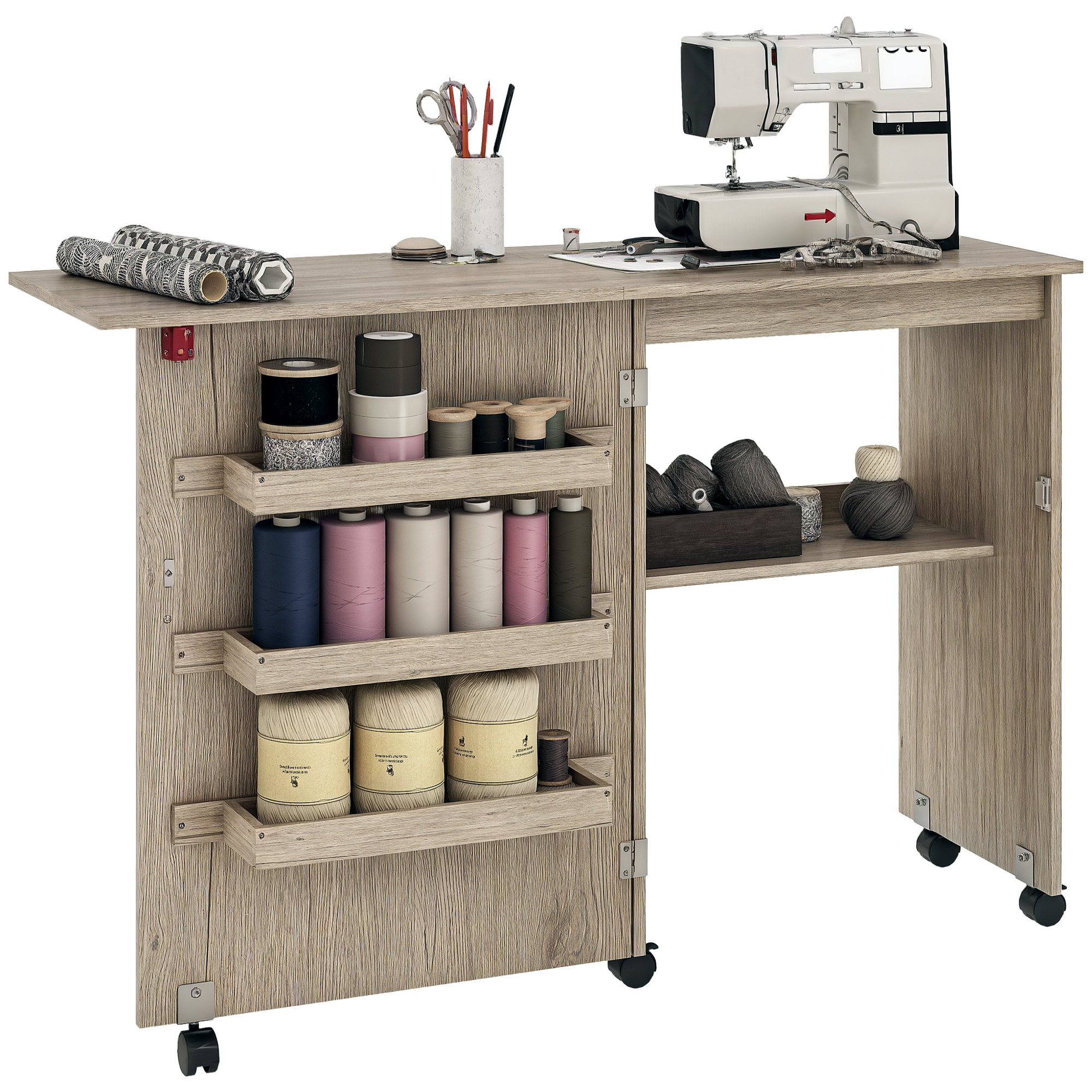 Sewing Machine Console HomCom Folding Sewing Table Mobile Sewing Machine Cabinet with Shelf ...