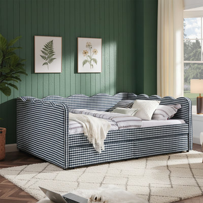 Lit de jour Cozy Gingham avec deux tiroirs de rangement, port USB et adorable tissu en forme de vague