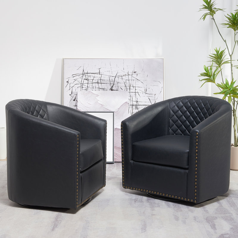 Boney 29" W Water Resistant Faux Leather Swivel Barrel Chair (Set of 2), Black Faux Leather