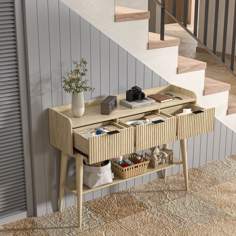 Fluted Console Table With 3 Drawers And Open Storage Shelf, Console Sofa Table For Living Room, Natural