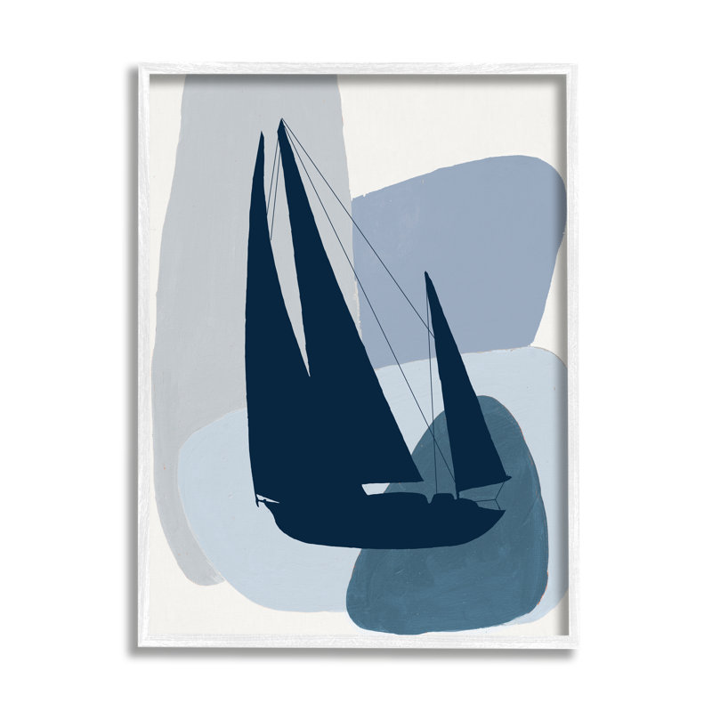 Abstrait voilier bleu Silhouet par Patricia Pinto 951, H 14 po x l 11 po x P 1,5 po, Giclée encadrée blanc bord de mer