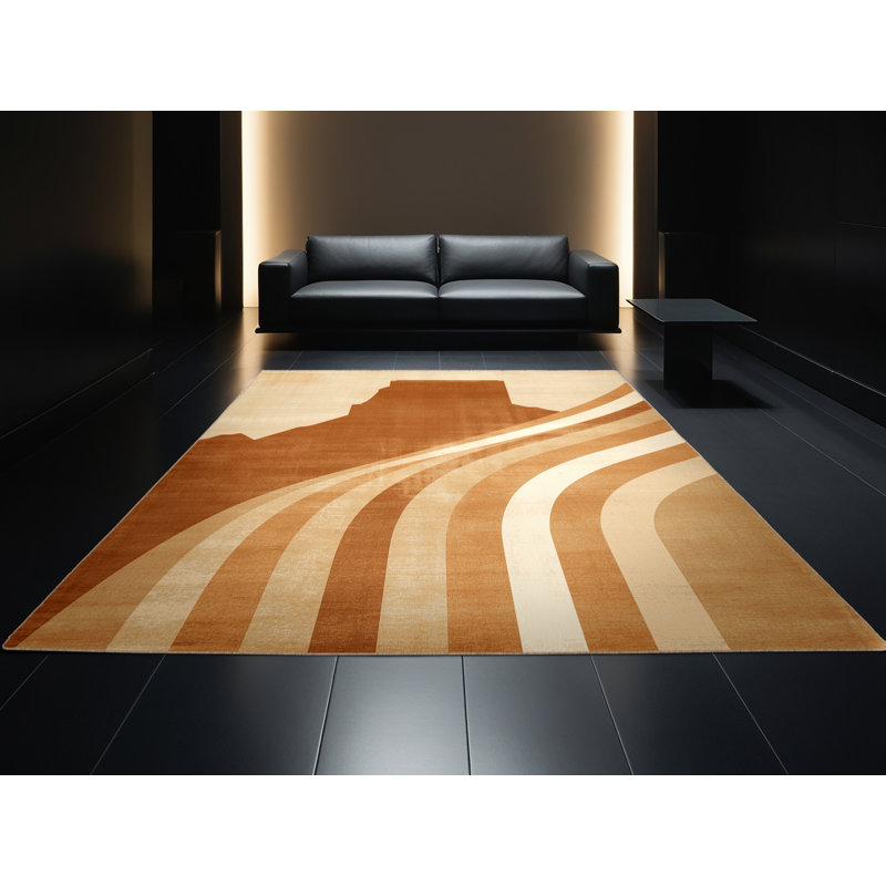 Machine Washable Orkan Cape Town Table Mountain Art Deco Arc Rug in Brown – Beige Binding, 7x10