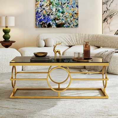 47.2'' Gold Glass Coffee Table Rectangle Center Table with Metal Frame