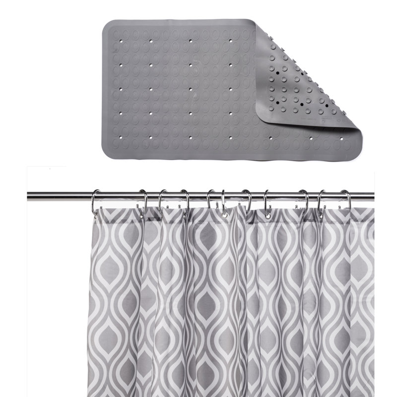 Croydex Grey Medallion Textile Shower Curtain and Rubber Bath Mat Set -Grey