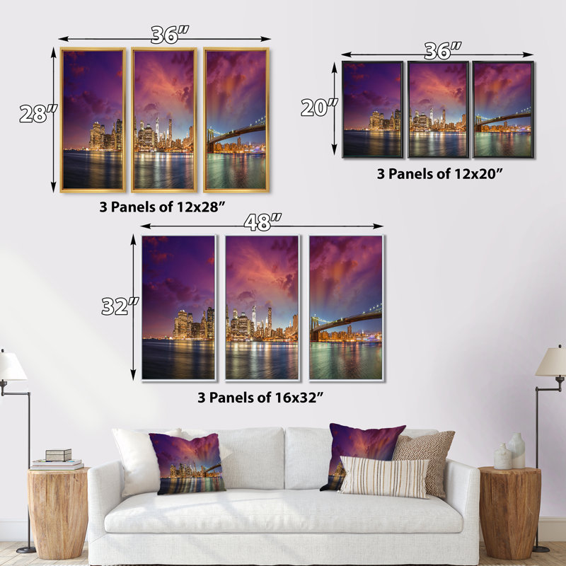 New York Manhattan, ensemble de 3 toiles d'art encadrées sur toile, H 28 po x l 36 po x P 1 po, Encadrement doré
