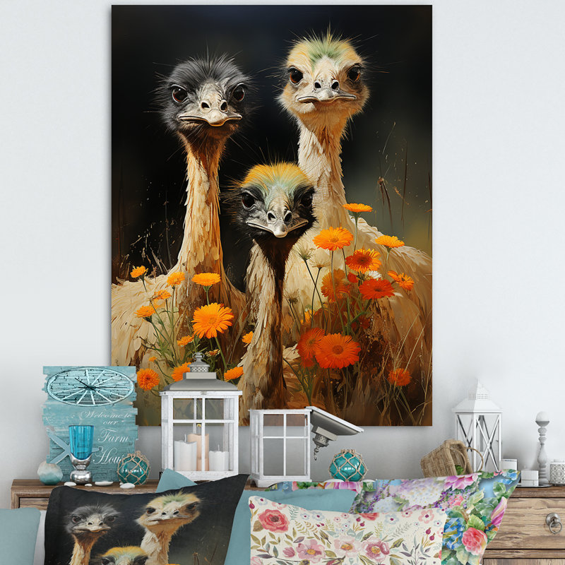 Autruches gracieuses sur autruche sur toile, Toile tendue, H 32 po x l 16 po