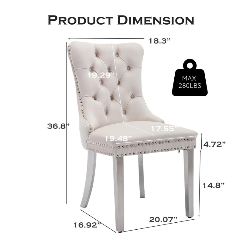 Chaise de salle à manger en velours avec anneau à dossier et pieds en bois massif, 2, Beige, Argent argent