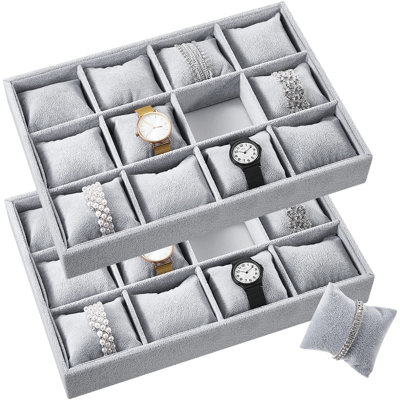 2 Pieces Velvet Watch Tray Jewellery Organizer 12 Grid Stackable Watch Bracelet Bangle Display Holder Adjustable Pillow
