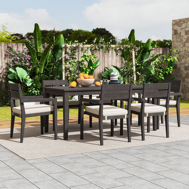 7-Piece Patio Dining Set with Outdoor Table and 6 Cushioned Chairs for Garden, Gray/Beige