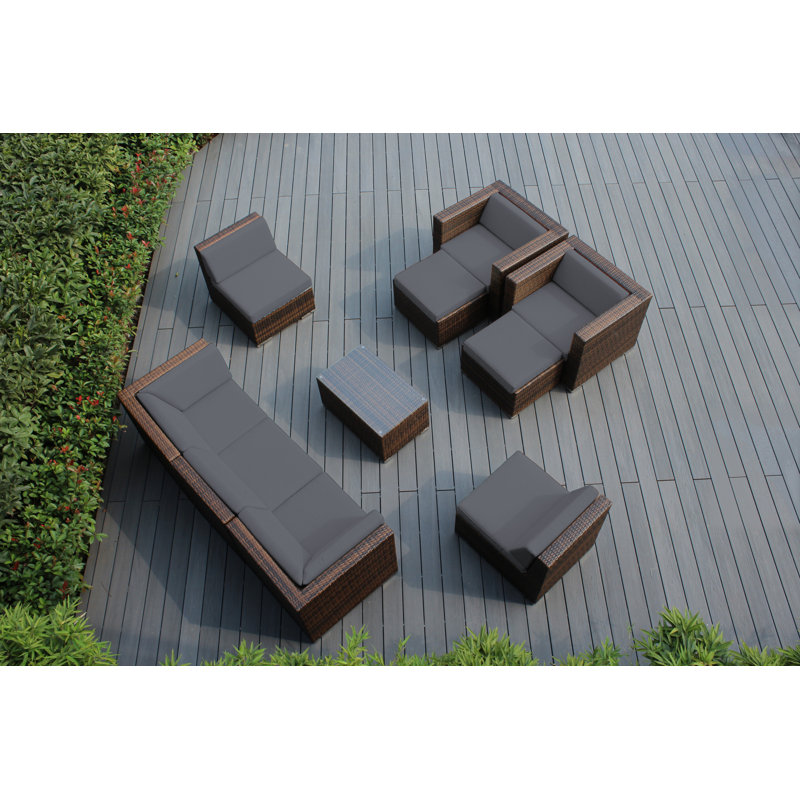 Kiara Wicker 7 - Person Seating Group with Cushions - No Assembly, Supercrylic Gray, Mixed Brown