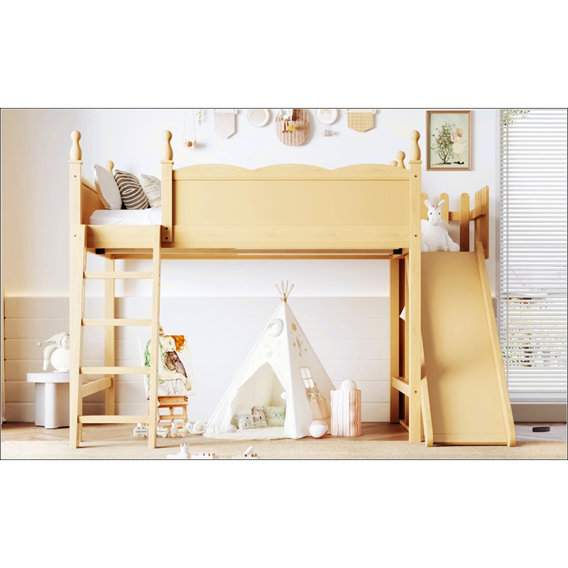 Lit mezzanine double avec tablettes de rangement et garde-robe, conception en bois massif avec glissière amovible et échelles, aucun sommier nécessaire