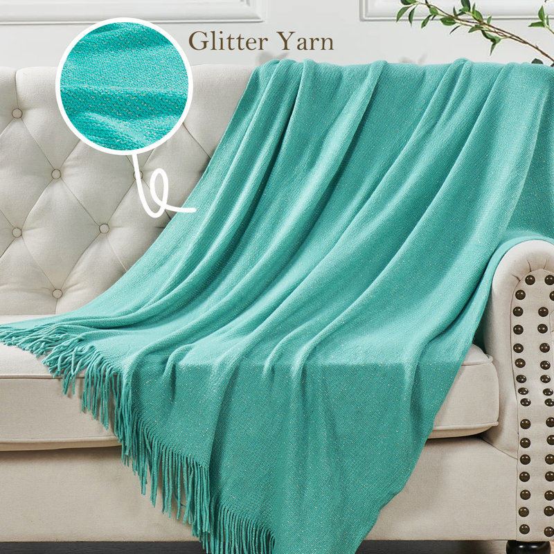 Turquoise Knitted Throw Blanket with Gold Metallic Yarn