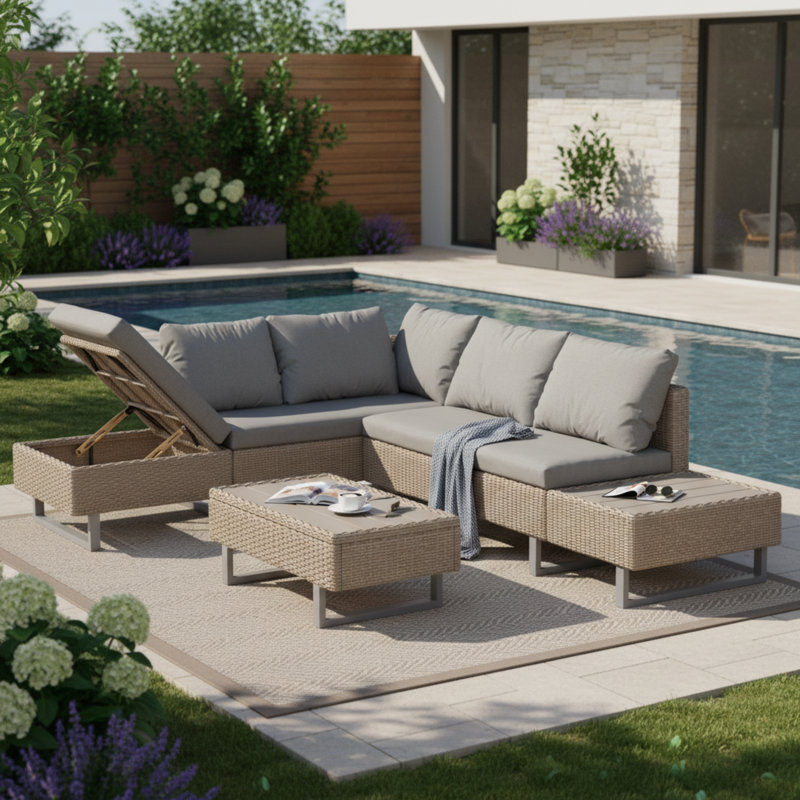 Mixed Khaki Rattan Corner Sofa Set,Industrial Style,With Coffee Table,Garden Furniture Set,Anti-UV Cushions Removable Covers,Khaki