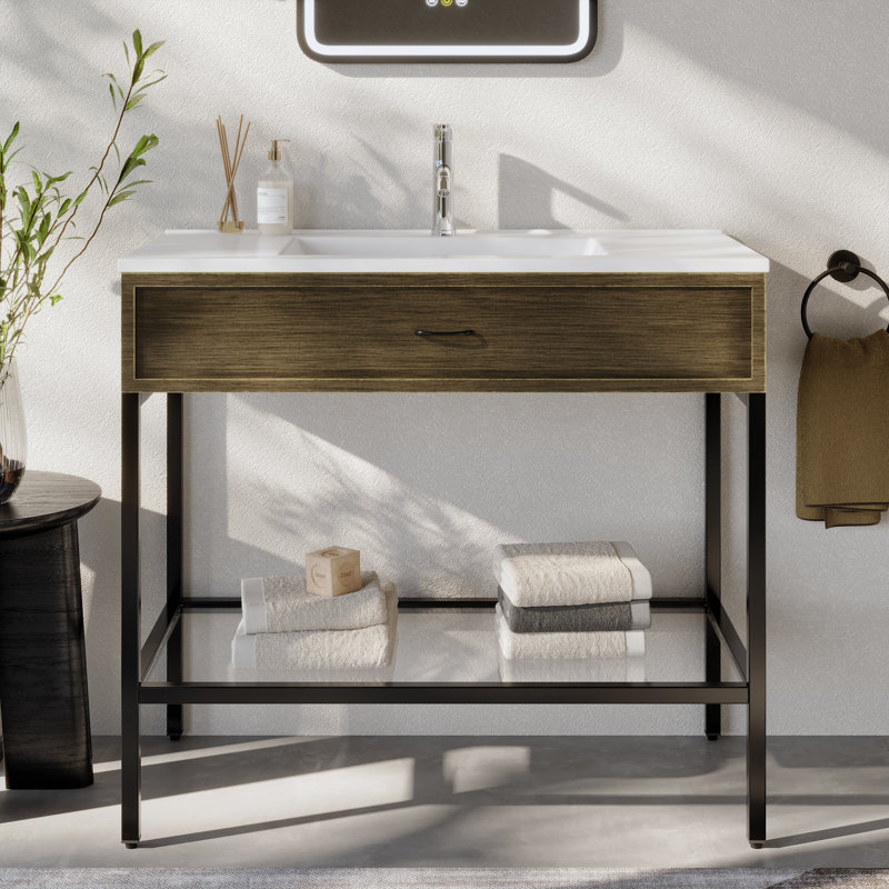 Meuble-lavabo moderne 31 po en acier inoxydable blanc mat avec lavabo intégré, tiroir décoratif, tablette en verre trempé pour appartements modernes, salles de bain principales et d'invités
