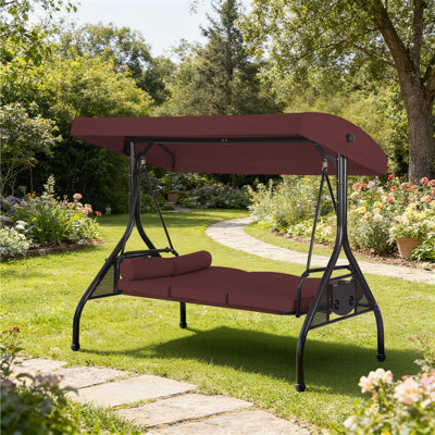 3-Seat Outdoor Porch Swing with Adjustable Canopy, 2 in 1 Convertible Patio Swing Bed, Patio Glider Swing for Backyard, Red
