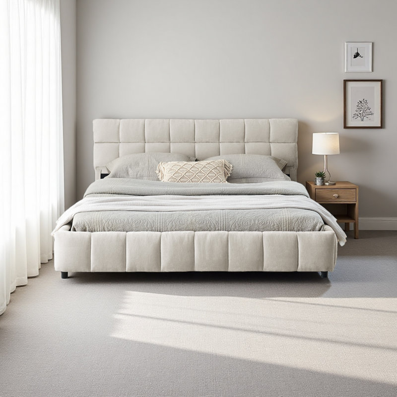 Grand lit tapissier, cadre de lit rembourré confortable, tissu chenille, avec tête de lit et cadre de lit solide. Avec tiroir pour le rangement