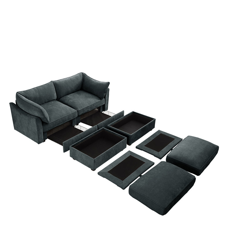 Canapé modulaire avec 2 repose-pieds et tiroirs de rangement en chenille Abdiel, Gris chenille