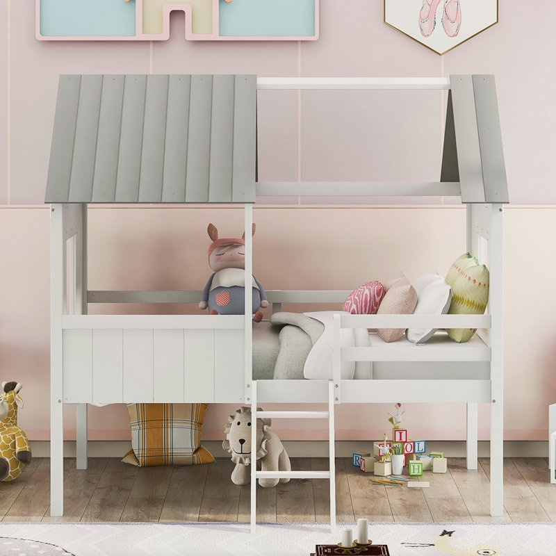 Lit mezzanine simple en bois avec deux fenêtres latérales, Gris / Blanc