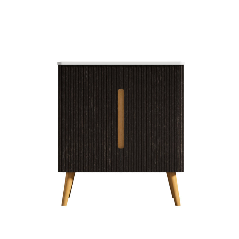 Meuble-lavabo autoportant de 30 po avec lavabo et rangement latéral, noir brossé, esthétique en noyer rayé, bords arrondis, mécanisme de fermeture en douceur, tablettes réglables, design moderne fonctionnel