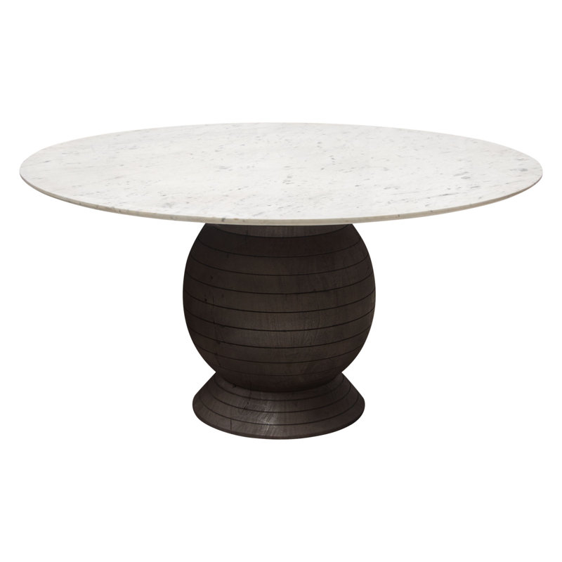 Table de salle à manger ronde Ashe avec plateau en marbre blanc véritable et base en bois d'acacia massif au fini espresso