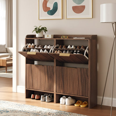 42.9 Inch Slatted Style 4 Flip Door Shoe Cabinet With Tabletop Baffle