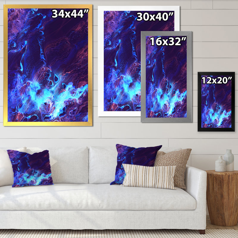 Art liquide néon en mauve et bleu - reproduction sur toile, H 32 po x l 24 po, Cadre de coin fermé argenté