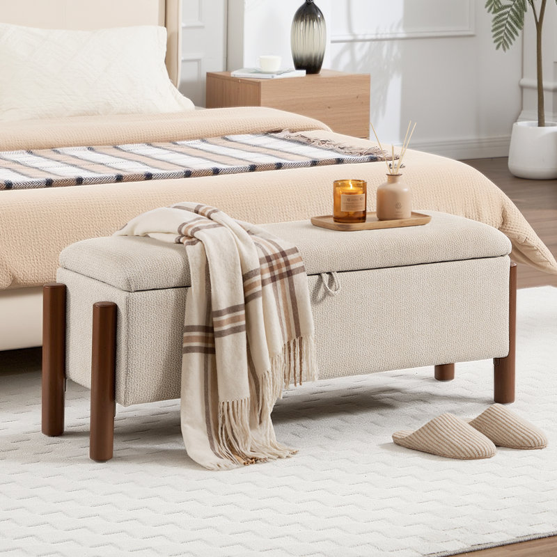 Bancs avec repose-pieds de rangement moderne de 47 po avec pieds en bois de noyer, Beige