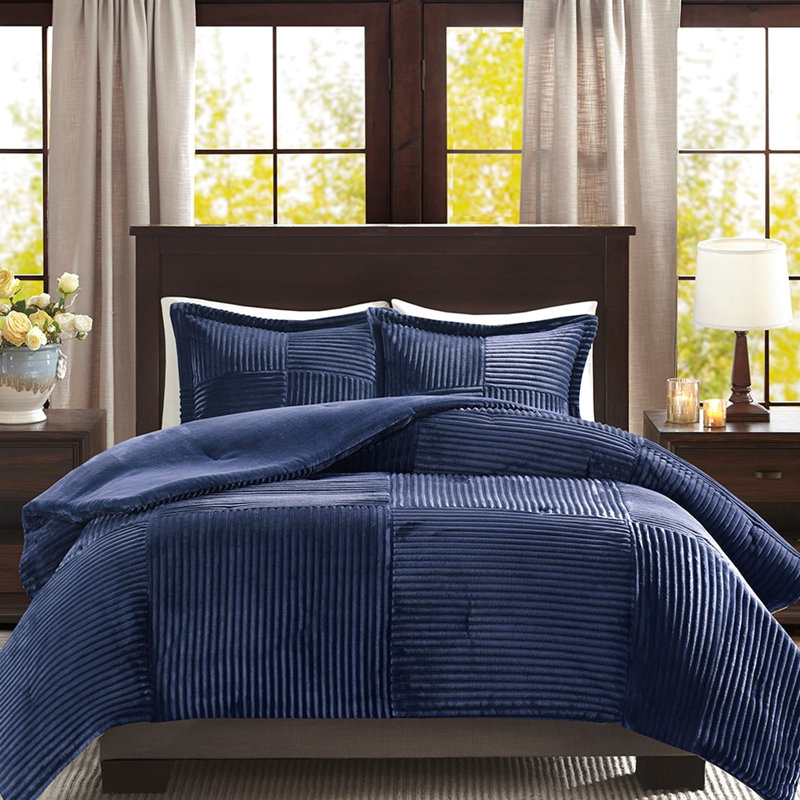 Édredon en duvet bleu marine très grand, rembourrage, face nervurée, envers uni, lavable à la machine, 1 et 2 taies décoratives sur le devant