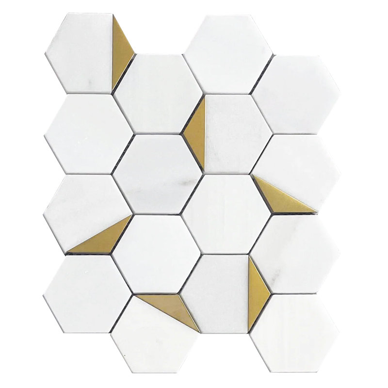 Carreau de marbre hexagonal blanc royal avec accents dorés 12 po x 10 po avec mosaïque en métal (0,83 pi2 / pièce)