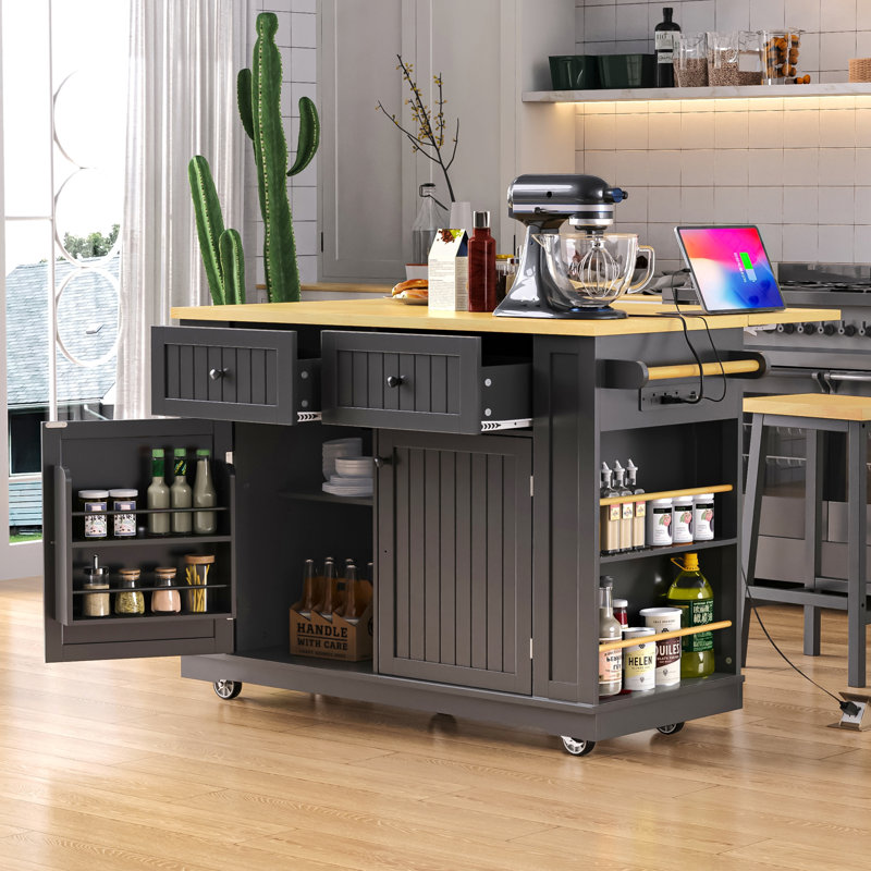48" Modern Rolling Kitchen Island With Drop Leaf And Power Outlet, Mobile Kitchen Island With Storage Cabinets And 2 Drawers, Wooden Kitchen Cart For Kitchen, Dining Room, Black(No Bar Stools)